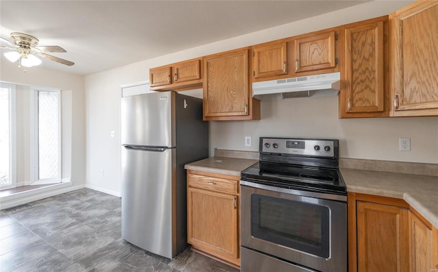 kitchen with stainless steel appliances and ceiling fan