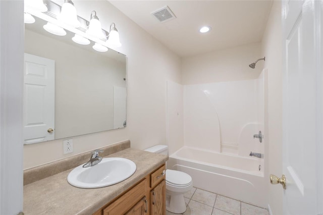 full bathroom with vanity, toilet, shower / bath combination, and tile patterned flooring