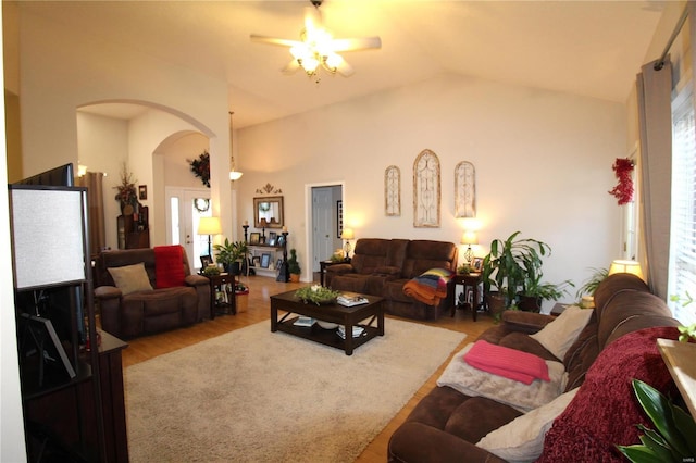 living room with high vaulted ceiling and light wood-type flooring