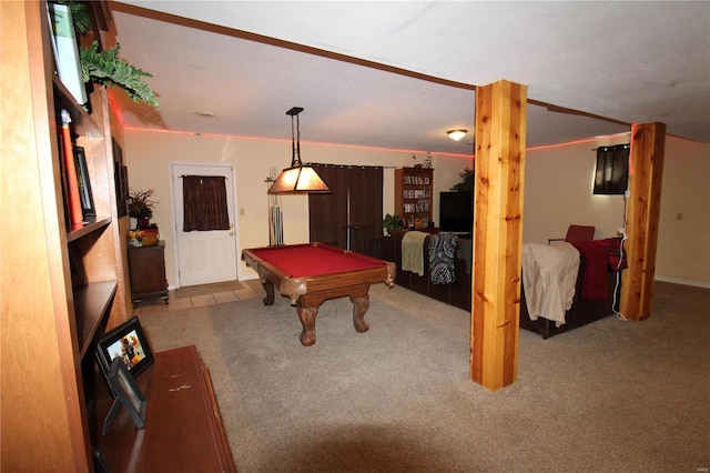 recreation room with billiards and light colored carpet