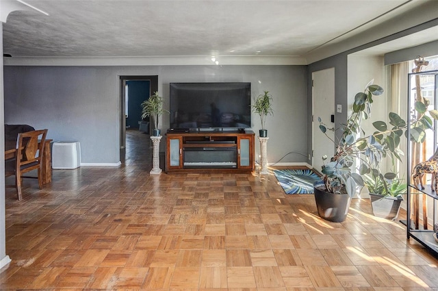 living room featuring parquet flooring