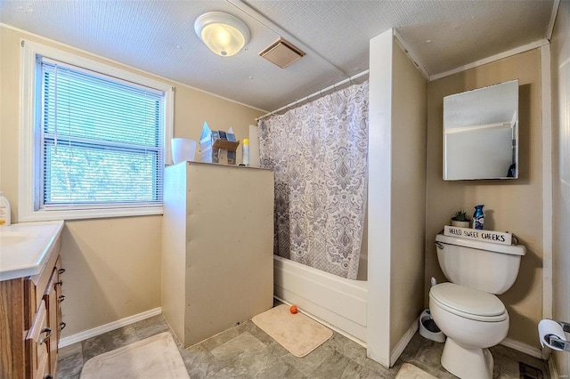 full bathroom featuring vanity, toilet, shower / tub combo, and ornamental molding