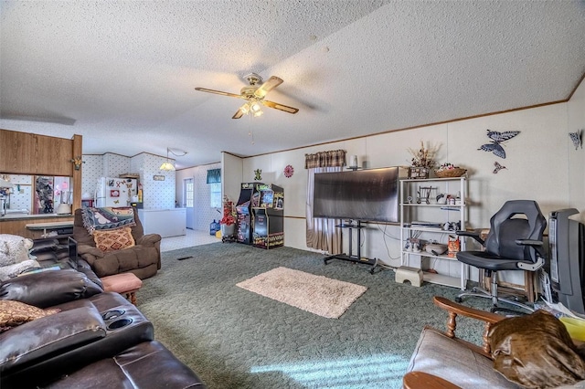 carpeted living room featuring ceiling fan, crown molding, vaulted ceiling, and a textured ceiling