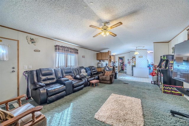 carpeted living room with ceiling fan, a textured ceiling, and lofted ceiling