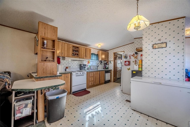 kitchen featuring pendant lighting, white electric range oven, a textured ceiling, vaulted ceiling, and stainless steel dishwasher