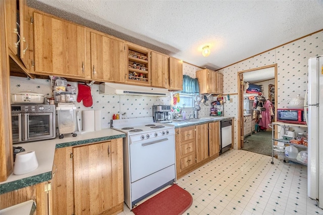 kitchen with vaulted ceiling, white appliances, crown molding, and a textured ceiling