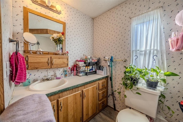 bathroom with vanity, toilet, a textured ceiling, and hardwood / wood-style flooring