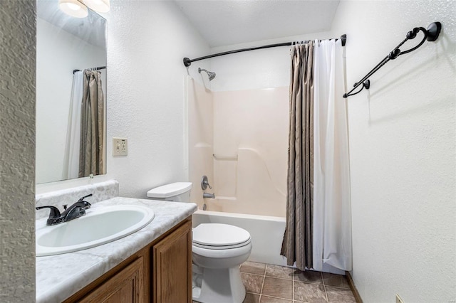 full bathroom with vanity, shower / bathtub combination with curtain, and toilet