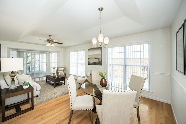 dining room featuring light hardwood / wood-style flooring, a raised ceiling, and plenty of natural light