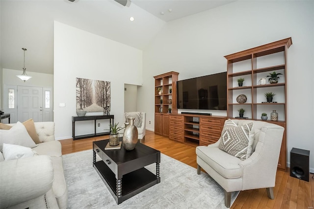 living room with wood-type flooring and high vaulted ceiling