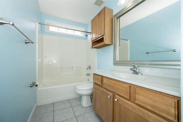 full bathroom featuring tile patterned flooring, vanity, shower / washtub combination, and toilet