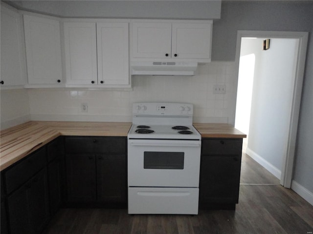 kitchen with white cabinets, electric stove, dark hardwood / wood-style flooring, and wooden counters