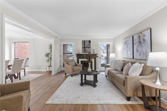 living room featuring ornamental molding and light hardwood / wood-style flooring