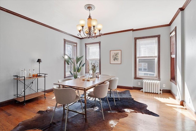 dining area with radiator heating unit, wood finished floors, and a wealth of natural light