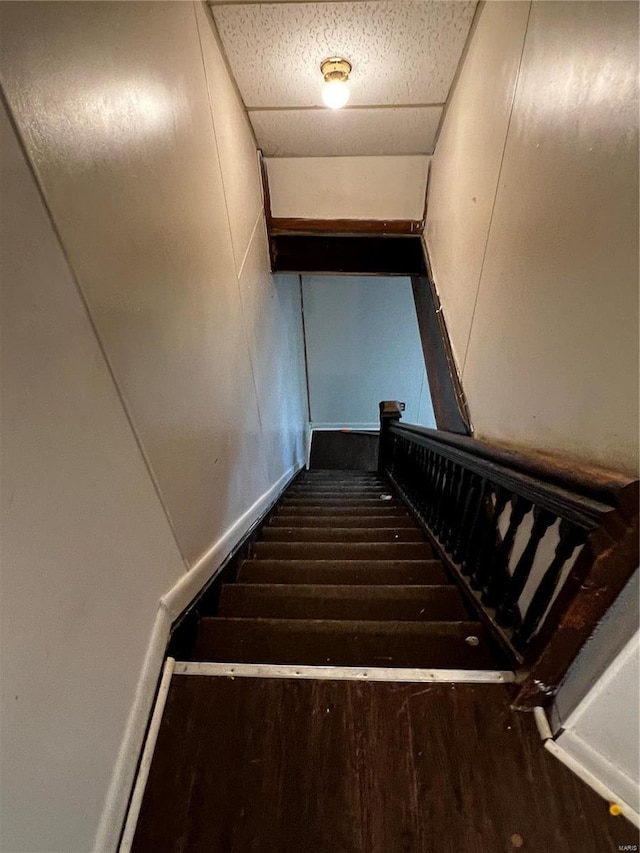 stairway with a drop ceiling and hardwood / wood-style flooring