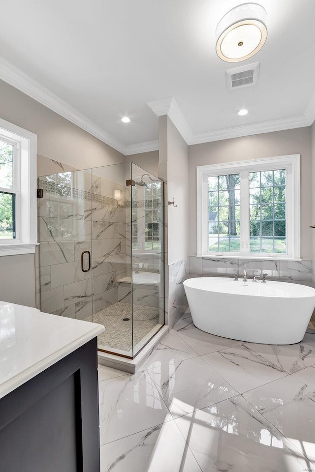 full bathroom with visible vents, marble finish floor, and ornamental molding