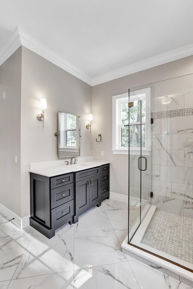 bathroom with a wealth of natural light, marble finish floor, ornamental molding, and a shower stall