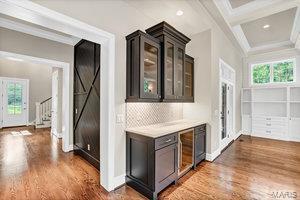 bar with crown molding, dark wood-style floors, and a wealth of natural light