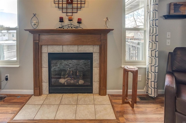 room details with a tile fireplace