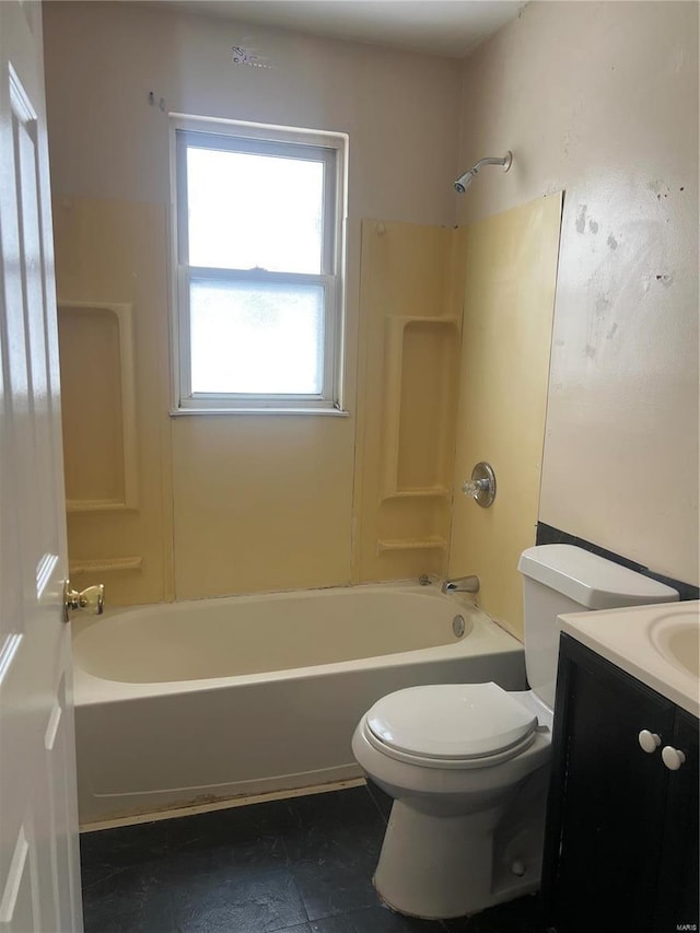 full bathroom featuring vanity,  shower combination, and toilet