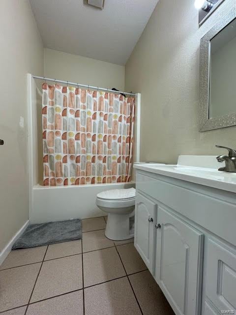 full bathroom featuring vanity, toilet, shower / bath combo, and tile patterned flooring