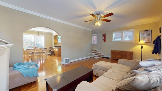 living room with crown molding and light hardwood / wood-style flooring