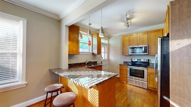 kitchen featuring a kitchen bar, crown molding, kitchen peninsula, pendant lighting, and stainless steel appliances