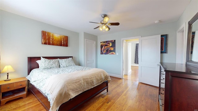 bedroom featuring ceiling fan and light wood-type flooring