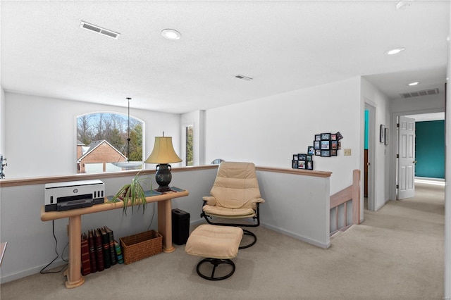 living area featuring light carpet and a textured ceiling