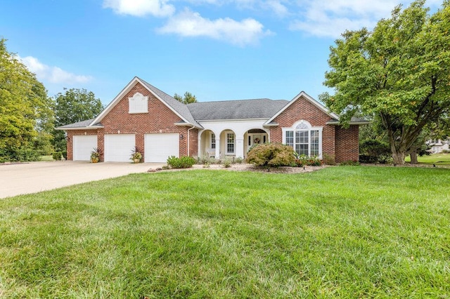 view of front facade with a garage and a front lawn