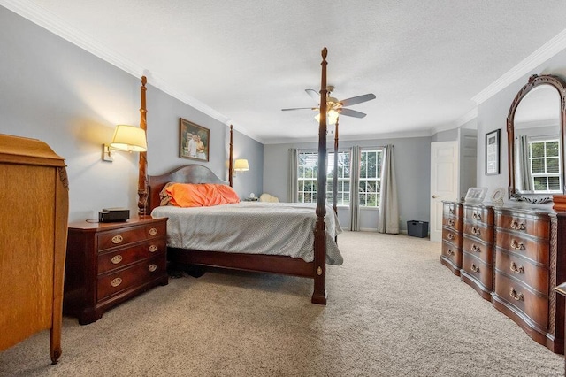 bedroom featuring light carpet, crown molding, multiple windows, and ceiling fan