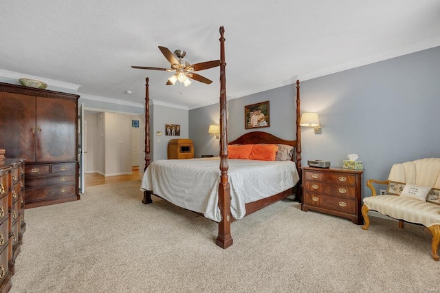 bedroom with crown molding, ceiling fan, and light carpet