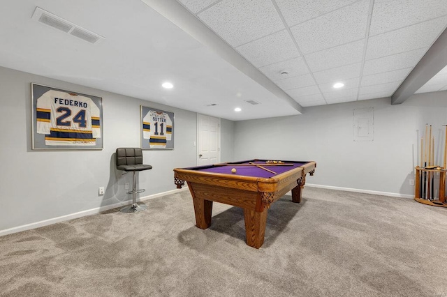 game room featuring a paneled ceiling, billiards, and carpet