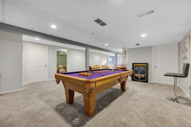 rec room featuring a paneled ceiling, billiards, and carpet