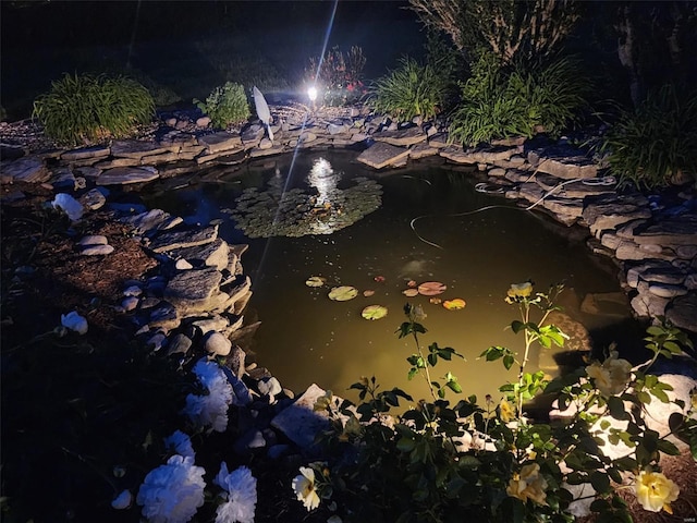 exterior details featuring a garden pond