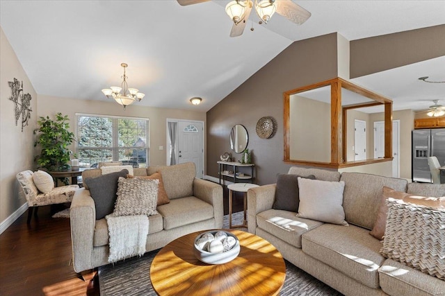 living room featuring dark wood-type flooring, lofted ceiling, and ceiling fan with notable chandelier