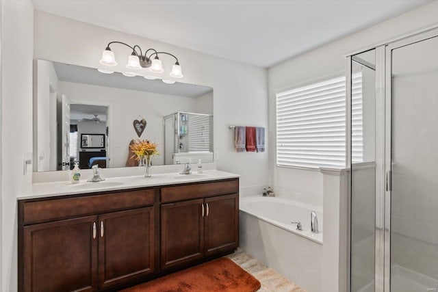 bathroom featuring vanity and separate shower and tub