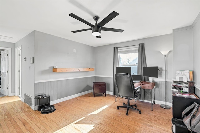 office featuring ceiling fan and light hardwood / wood-style flooring