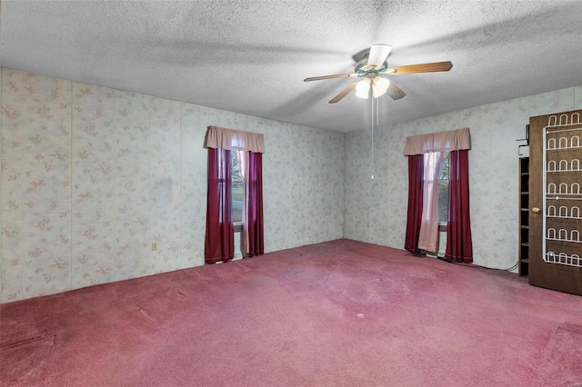 spare room featuring a healthy amount of sunlight, a textured ceiling, and carpet flooring