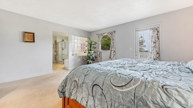 bedroom featuring light colored carpet and access to exterior