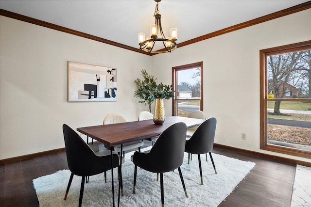 dining area with crown molding, plenty of natural light, dark wood-style floors, and baseboards