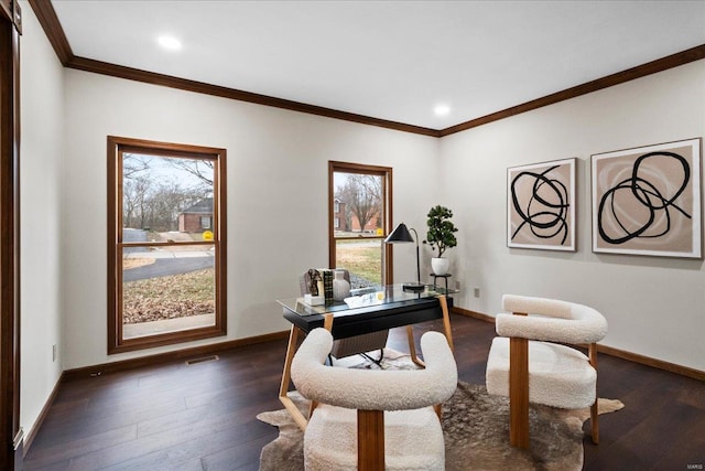 office space featuring recessed lighting, baseboards, dark wood-style flooring, and ornamental molding