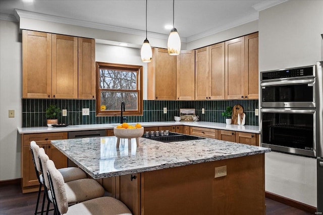 kitchen with tasteful backsplash, dark wood finished floors, a center island, stainless steel double oven, and black electric cooktop