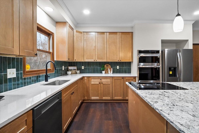 kitchen featuring a sink, stainless steel appliances, ornamental molding, and dark wood finished floors