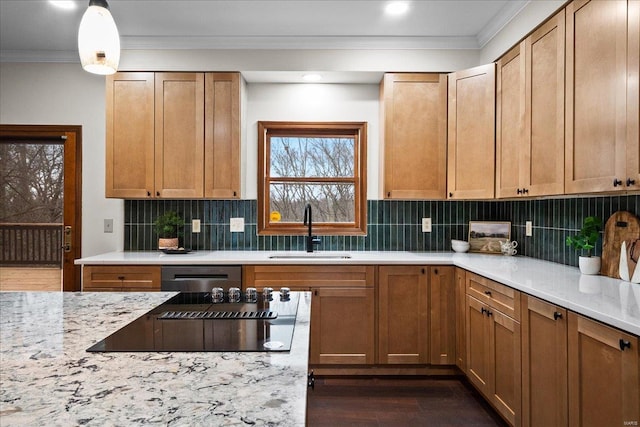 kitchen with light stone counters, a sink, dark wood-type flooring, crown molding, and tasteful backsplash