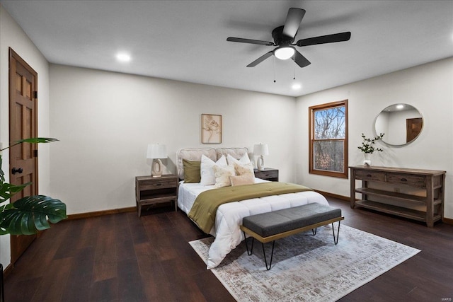 bedroom with recessed lighting, baseboards, wood finished floors, and a ceiling fan