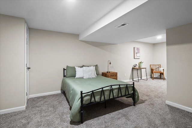 bedroom featuring carpet, visible vents, and baseboards