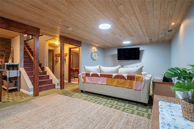 bedroom featuring carpet and wooden ceiling