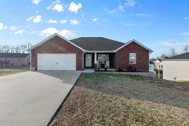 ranch-style house with a garage, a front lawn, and a porch