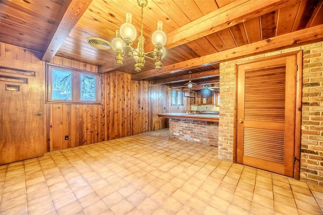 kitchen with wood walls, wood ceiling, decorative light fixtures, a wealth of natural light, and beam ceiling